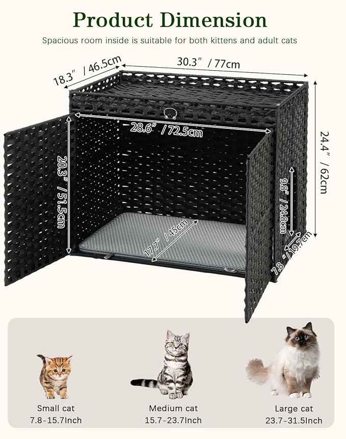 Cat Litter Box Enclosure Furniture, Hidden Litter Box, Cat Litter Box Cabinet with 2 Litter Mats, Handwoven Rattan Large Space Cat House, Indoor for Living Room, Bedroom, Apartment Black