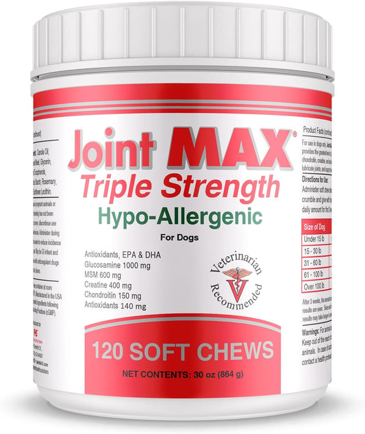 Triple Strength Hypo-Allergenic Soft Chews for Dogs - Hip and Joint Support Supplement with Glucosamine, Chondroitin, & MSM - Made in The USA - 120 Soft Chews - Pet Explorer