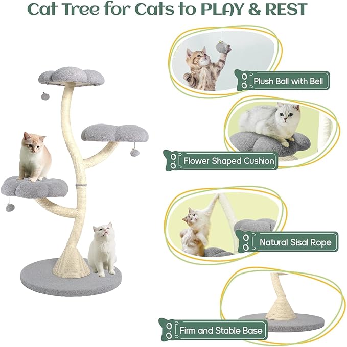 FKWin 48" Tall Cat Tree,Flower Shape Design,Scratching Post Condo,Multi-Level Furniture Activity Center,Kittens Pet House Play with Hang Ball,Plush Cat Tower for Large Cats (Gray-3 Tiers)