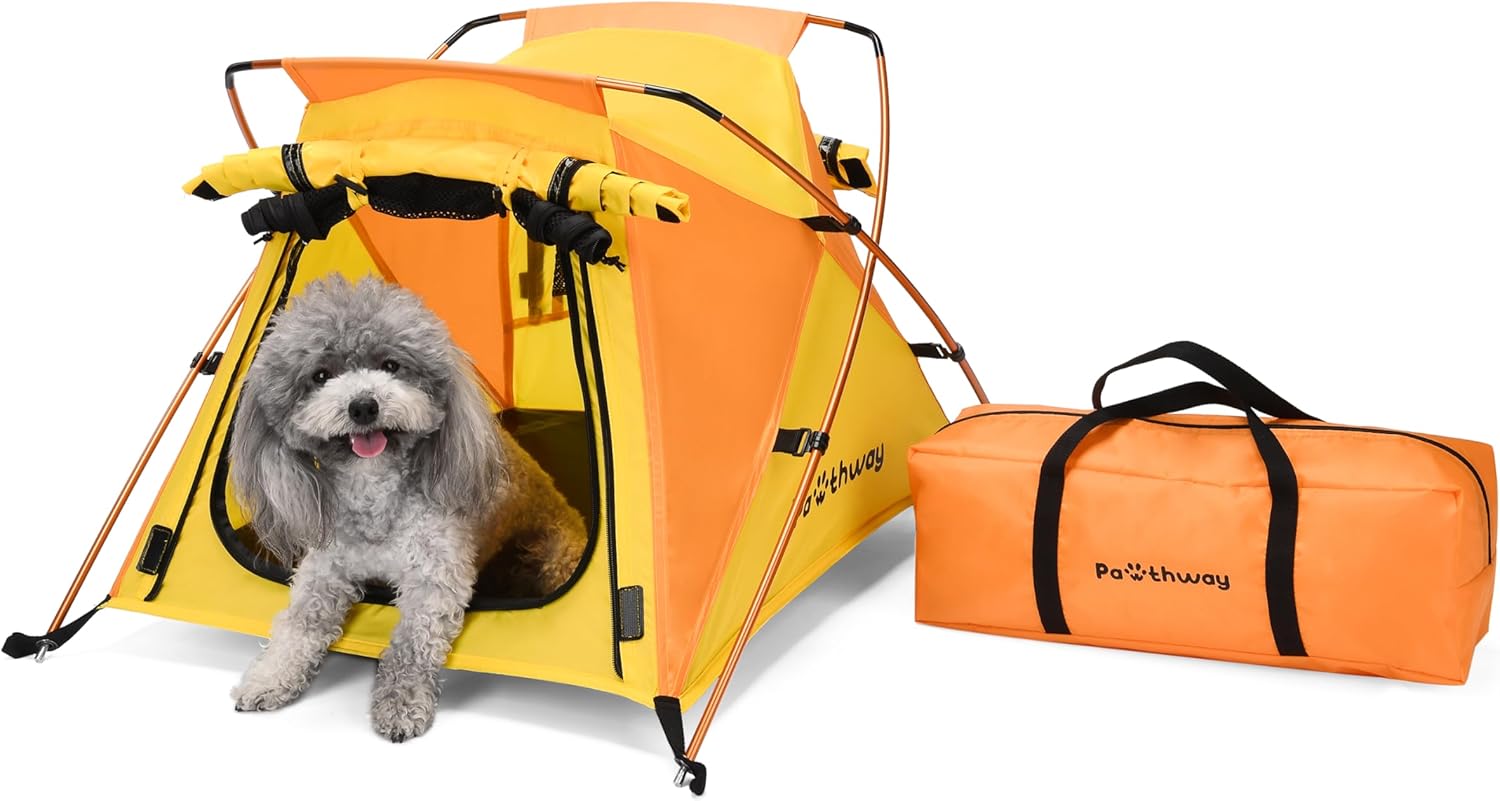 Dog Tent and Portable Playpen Outdoor Waterproof, with Aluminum Poles and Camping Mat, Pet Tent with Zippered Mesh Door, Dog House Outdoor, for Camping, Travel, Backyard, Patio (Yellow, Small) - Pet Explorer