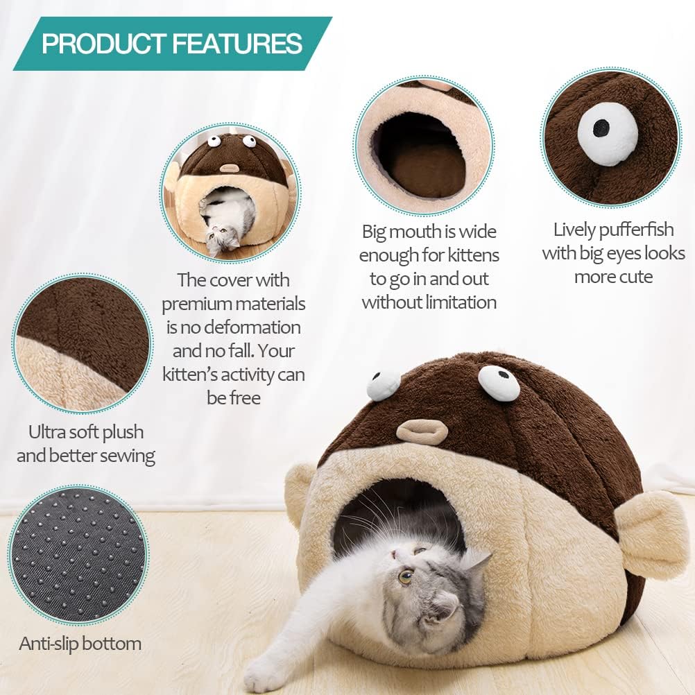 Cat Beds for Indoor Cats - Cat Bed Cave with Removable Washable Cushioned Pillow, Soft Plush Premium Cotton No Deformation Pet Bed, Lively Pufferfish Cat House Design, Brown, Multiple Sizes(L) - Pet Explorer