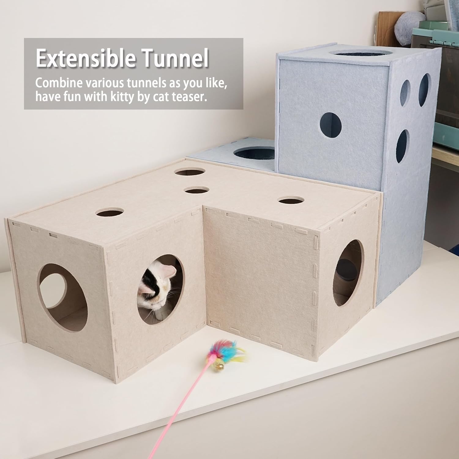 PETKARAY Cat Tunnel, Original Cat Hideaway Cave for Indoor Cats, Large Kitten Play Tubes and Tunnels, Soft Felt Cat Toy with Interactive Peek Hole - Pet Explorer
