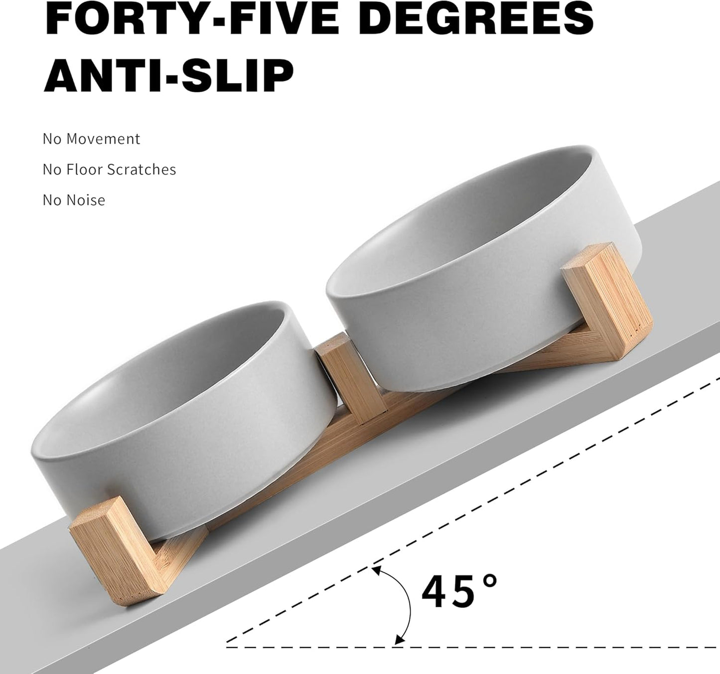 Grey Ceramic Dog & Cat Bowl Set – 13.5 OZ with Wooden Stand, Non-Slip, Elevated Design for Small Dogs & Cats – 2 Bowls (Food & Water, Ceramic Pet Bowls, Modern Dog Bowls) - Pet Explorer