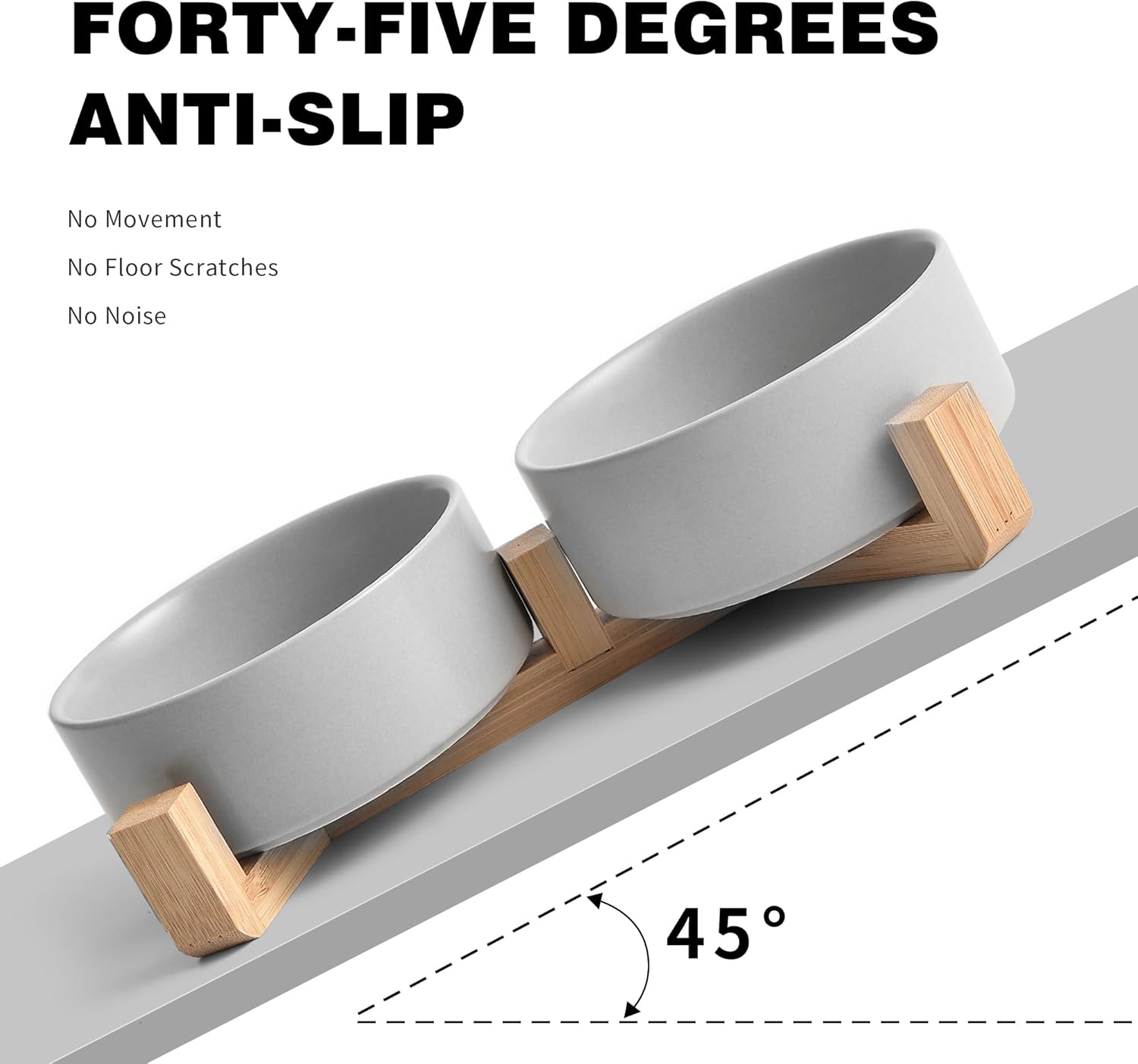 Grey Ceramic Dog & Cat Bowl Set – 13.5 OZ with Wooden Stand, Non-Slip, Elevated Design for Small Dogs & Cats – 2 Bowls (Food & Water, Ceramic Pet Bowls, Modern Dog Bowls) - Pet Explorer