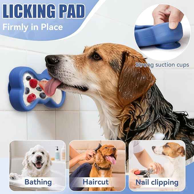 Lick Mat for Dogs, Animire Anti-Spilled Bow Tie Lick Bowls for Anxiety Relief, Silicone Slow Feeder Licking Pad with Suction Cups, Freezeable Dog Enrichment Toy for Boredom(Dark Blue,L)
