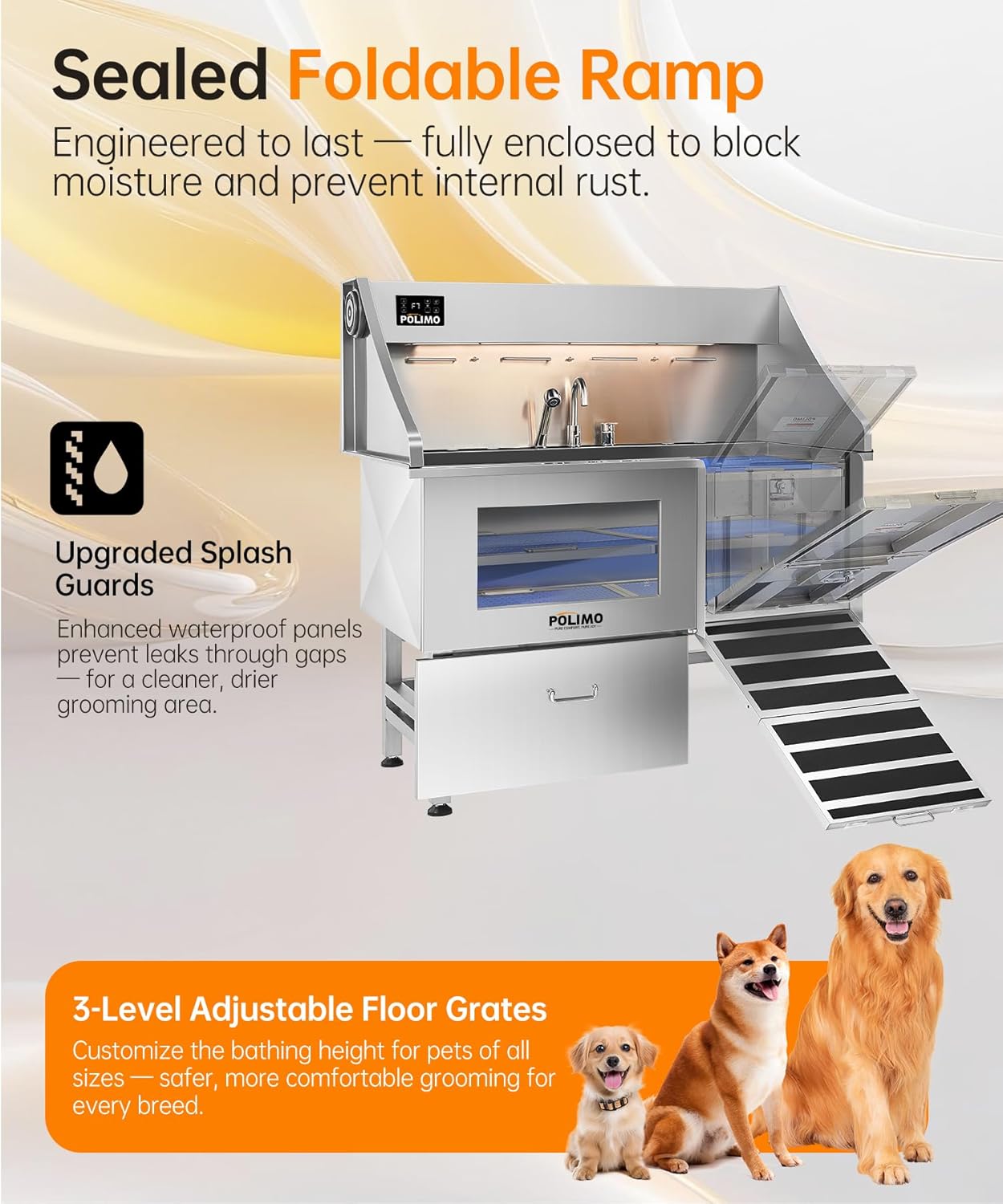 polimo Dog Washing Station with Dryer & LED, Professional Stainless Steel Grooming Tub, Dog Bathtub for Large, Medium & Small Dog, w/Window, Ramp, Drawer, Floor Grate &Fauct （Right RAMP & Dryer, 50"） - Pet Explorer
