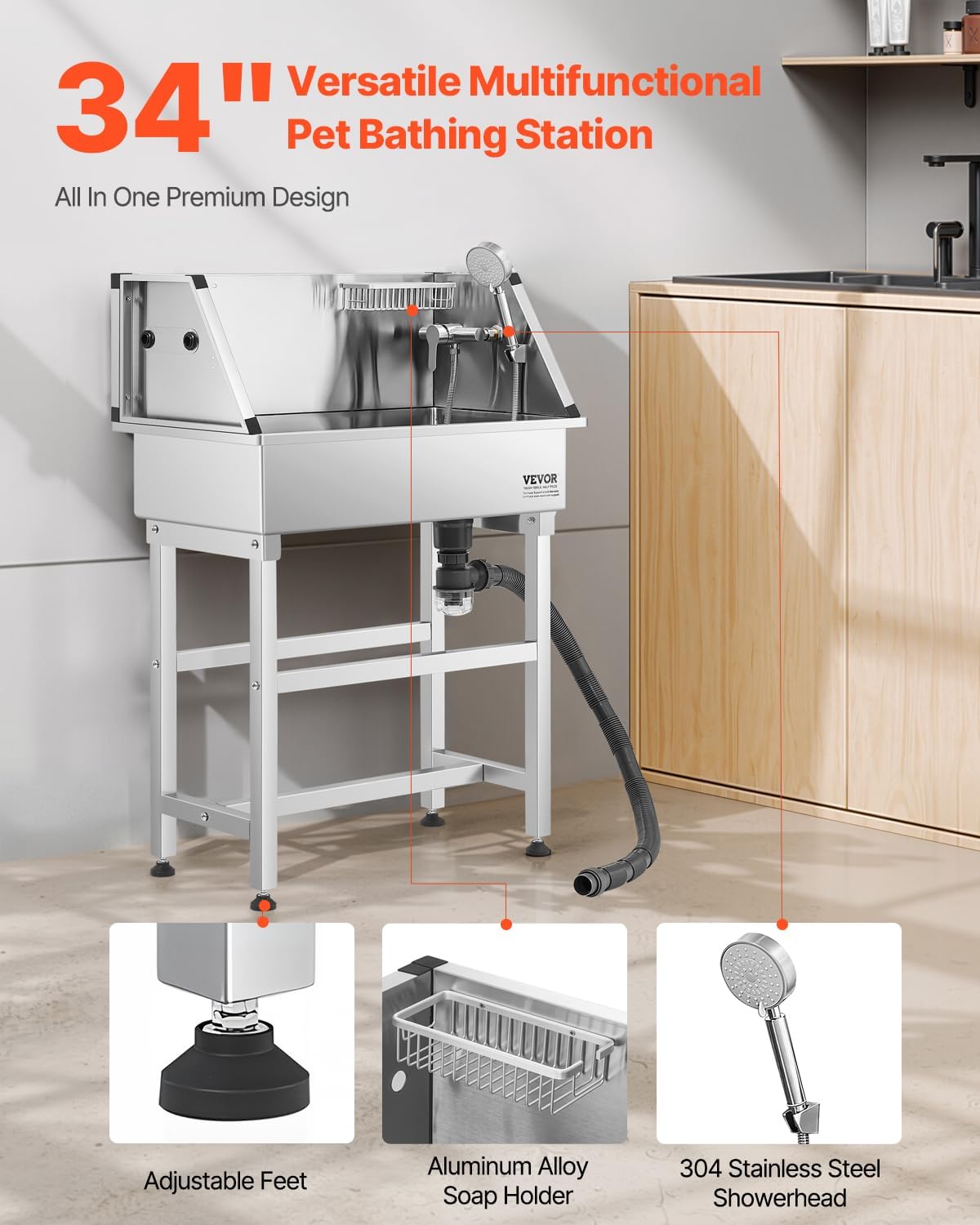 VEVOR Stainless Steel Dog Washing Station, 34 inch Pet Grooming Tub w/Faucet & Showerhead & Soap Holder & Play Balls Simple Dog Bathtub for Multiple Pets, Home Washing Sink - Pet Explorer