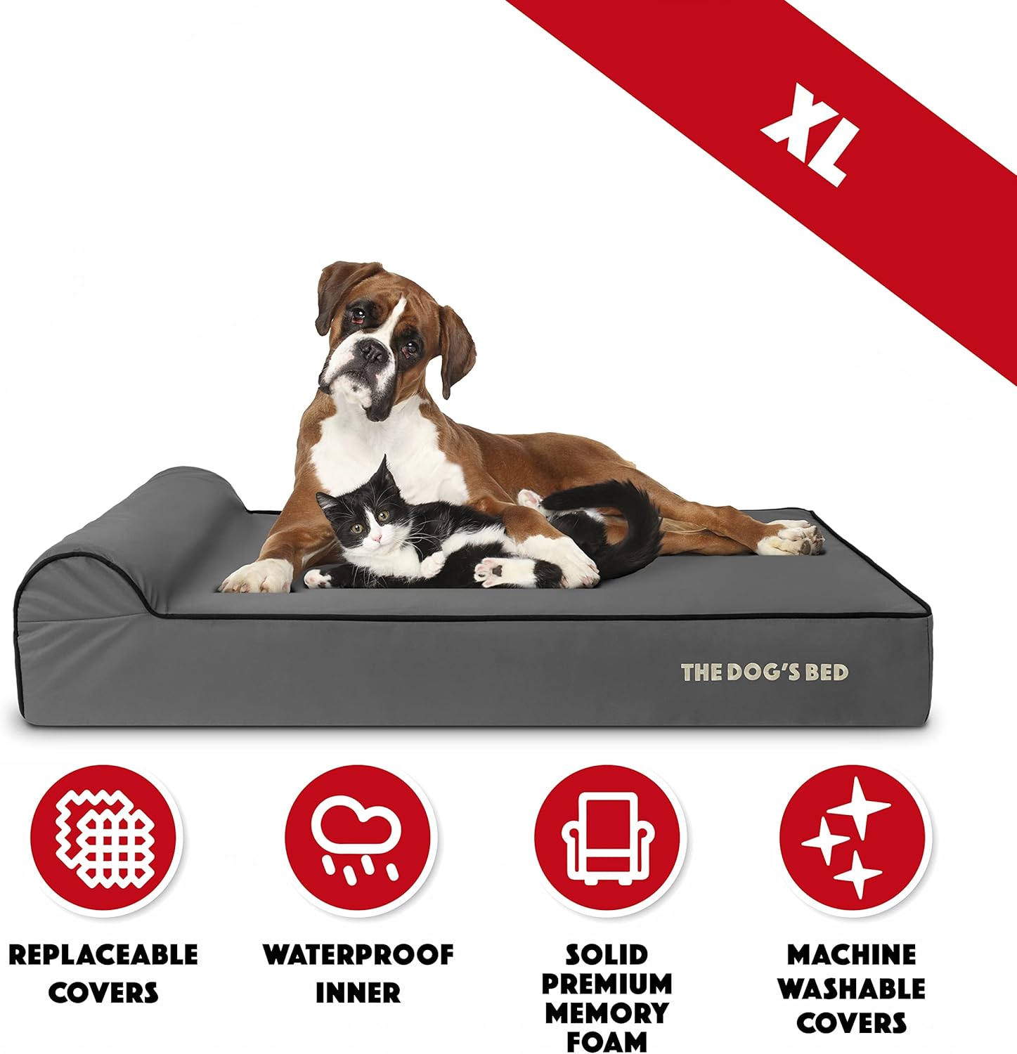 The Dog’s Bed Orthopedic Headrest Dog Bed XL Grey/Black 46x28, Memory Foam, Pain Relief for Arthritis, Hip & Elbow Dysplasia, Post Surgery, Lameness, Veterinary Approved, Waterproof Washable Cover - Pet Explorer