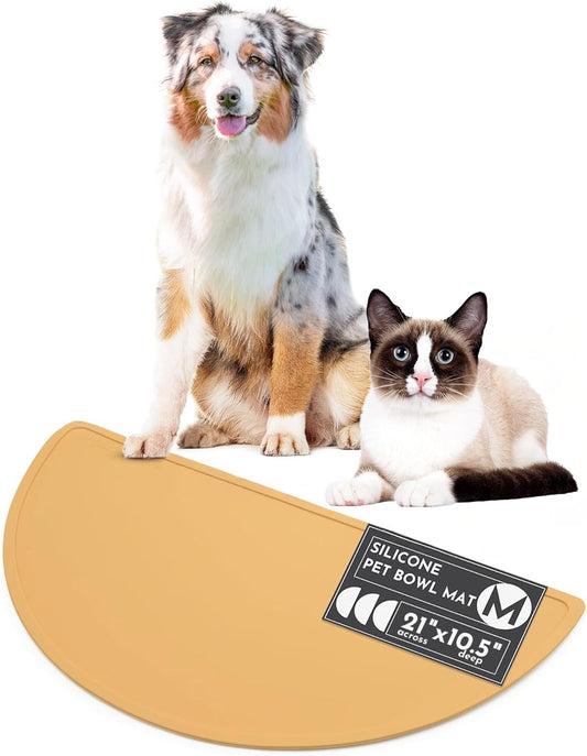 Waterproof Silicone Pet Food Mat - Non-Slip, Spill-Proof Feeding Mats for Floors, Raised Edge Design, Easy-to-Clean Rubber Mat for Dog & Cat Bowls, 21" Across x 10.5" Deep, Medium-Honey - Pet Explorer