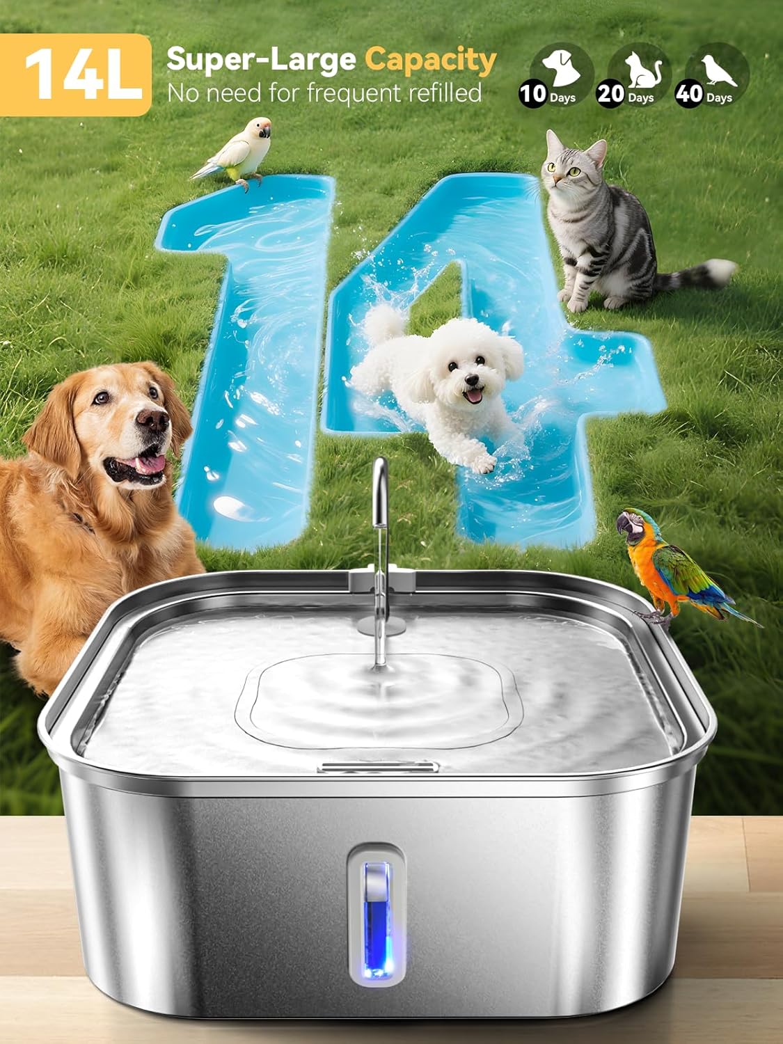 Large Dog Water Fountain 14L/3.7Gal, Stainless Steel Pet Fountain for Large Dogs and Multi-Pets Families, with Visible Window & Extra Wide Drinking Area, Square Design Enlarges Capacity & Saves Space - Pet Explorer