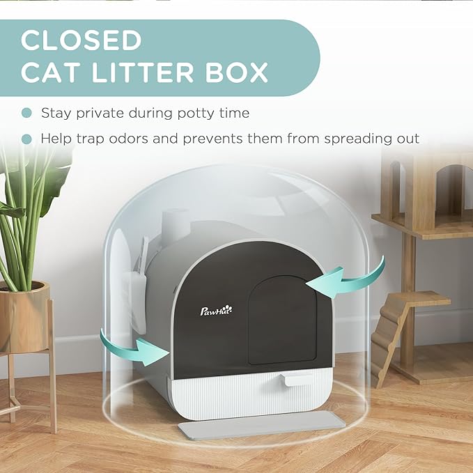 PawHut Cat Litter Box with Lid, Covered Litter Box for Indoor Cats with Tray, Scoop, Filter, 17" x 17" x 18.5", Light Gray