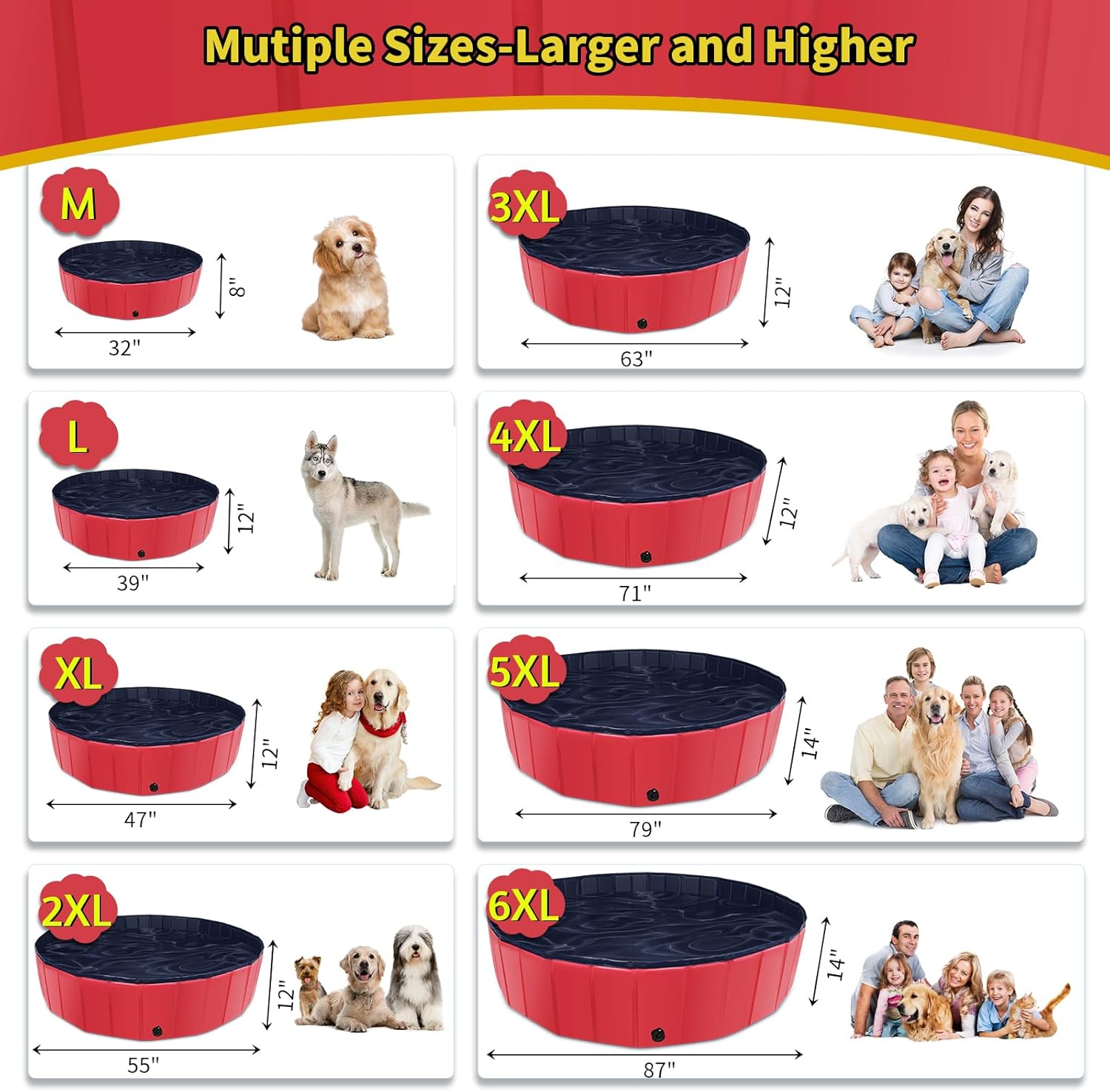 Foldable Dog Pool, 39" x 12" Kiddie Pool with Hard Plastic, Non-Slip Dog Bath Tub for Outdoor Backyard, Collapsible Dog Swimming Pool for Kids Dogs Pets (Red) - Pet Explorer