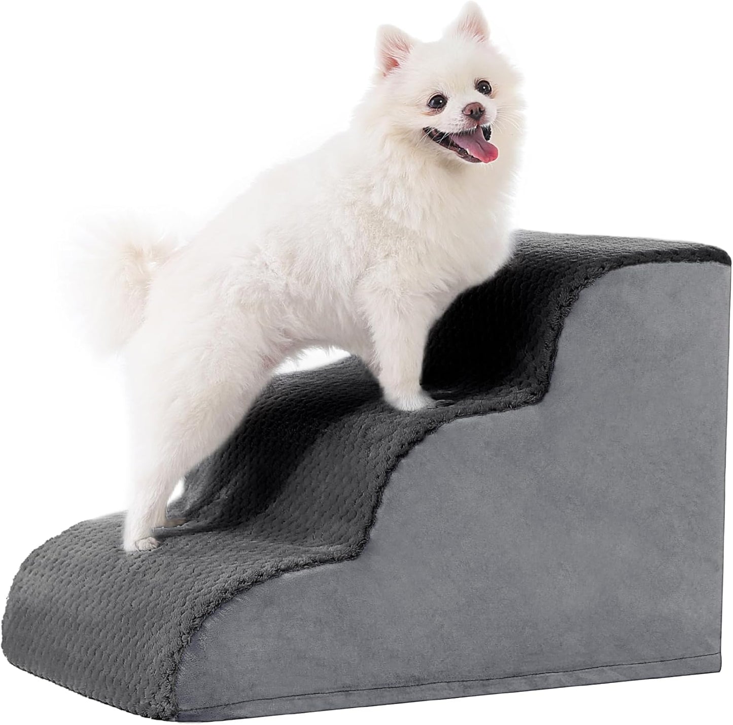 MIHIKK Dog Stairs Ramp, Curved 3-Step Dog Steps for Small Dogs and Cats, Pet Stairs for High Beds and Couch with Anti-Slip Washable Cover and Durable High Density Foam, Dark Grey - Pet Explorer