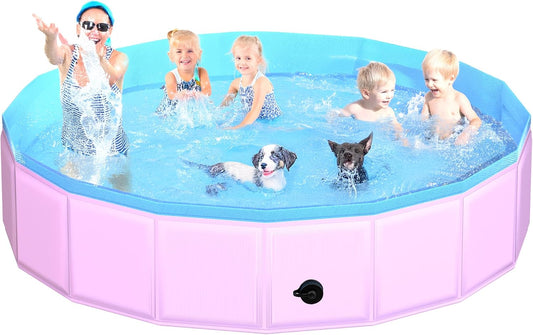 2025 Updated Foldable Dog Pool, 97" x 12" Kiddie Pool with Hard Plastic, Non-Slip Dog Bath Tub for Outdoor Backyard, Collapsible Dog Swimming Pool for Kids Dogs Pets (Pink) - Pet Explorer