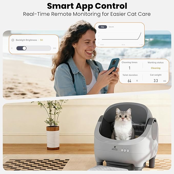 Automatic cat Litter Box with a high Step, Controlled via a Smart app, Featuring Health Data Monitoring and Silent Mode Management, Combining an Open Spacious Design with Fully Automatic Cleaning.