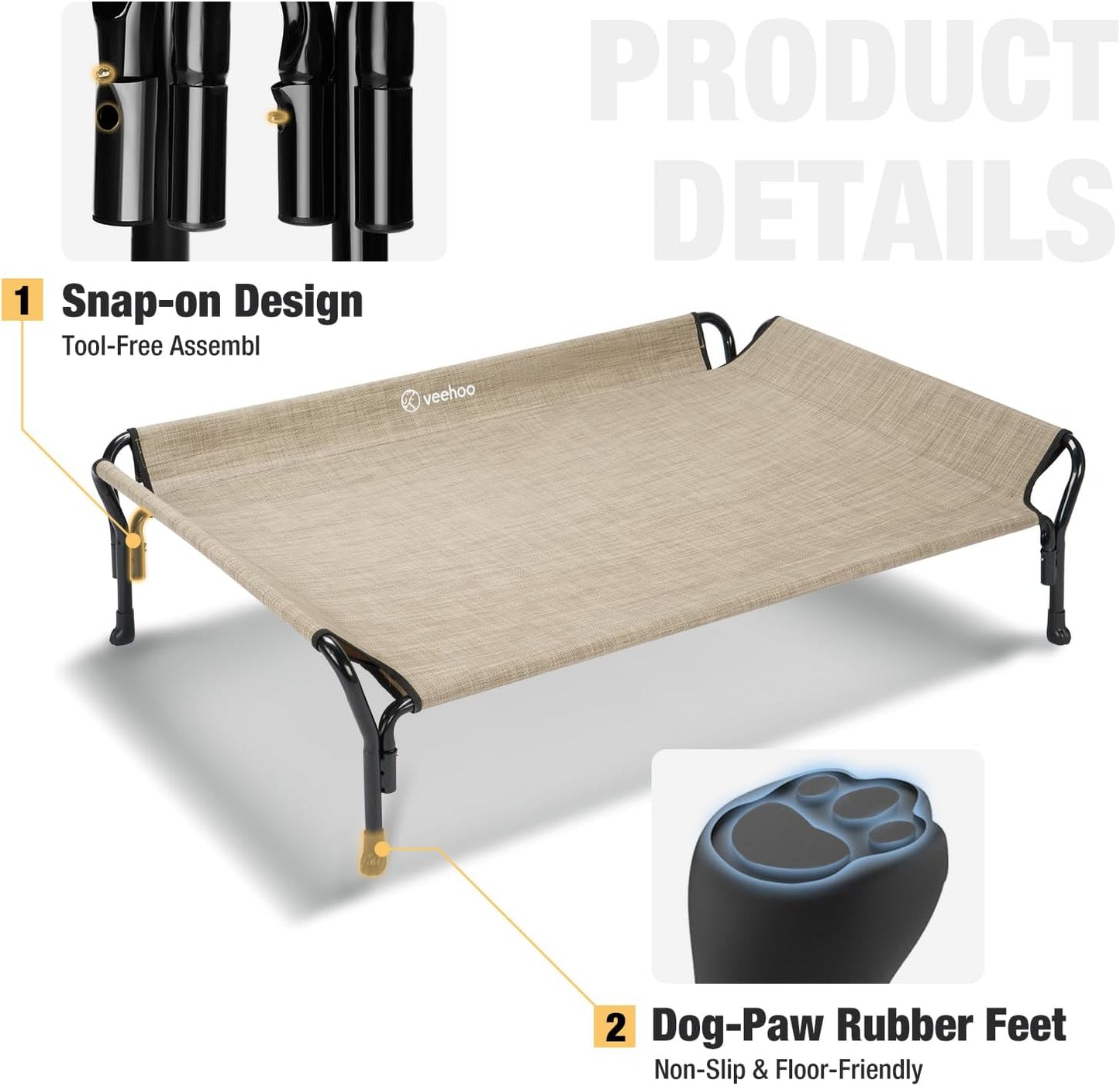 Veehoo Medium Elevated Dog Bed, Guardrail, Non-Slip, Teslin Mesh, 35"L x 26"W x 11"H, Beige Coffee - Pet Explorer