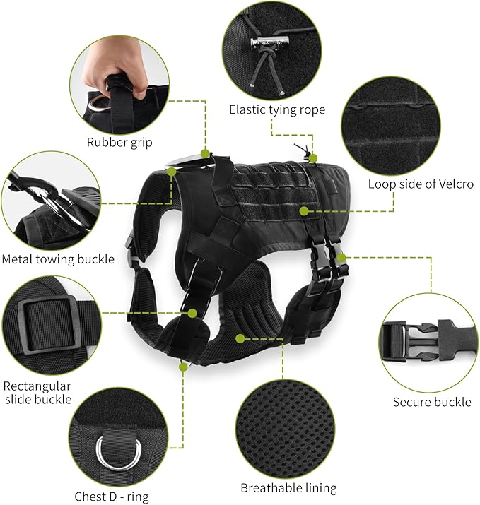 Tactical Service Dog Harness ， Adjustable Vest with MOLLE System, Accessories Bag for Training, Outdoor - Durable Military-Grade Working Dog Gear (Black, L)
