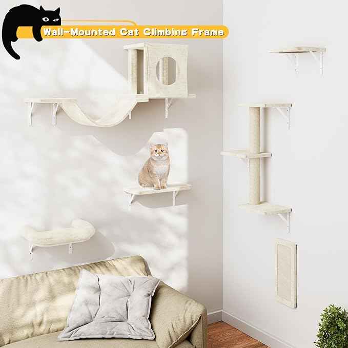 6-in-1 Cat Wall Shelves, Wooden Climbing Wall with Scratching Post, Wall Mounted Cat Furniture for Climbers, Space-Saving Cat Wall for Play & Rest, Drywall & Solid Walls