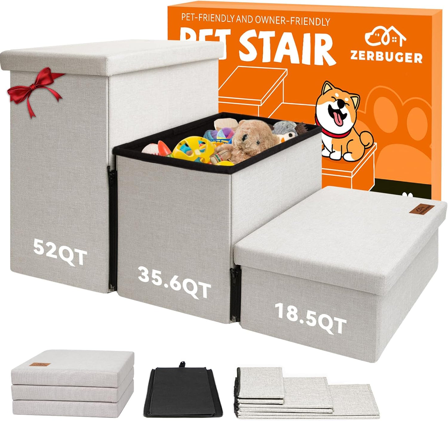 Dog Stairs with Storage 18" H, 3-Step Wider Dog Steps for Small/Medium/Large Old Dogs Cats, Folding Sturdy Pet Stairs Climbing Bed or Couch, Ramp for Car Up to 200 lbs (Beige, No Condo) - Pet Explorer