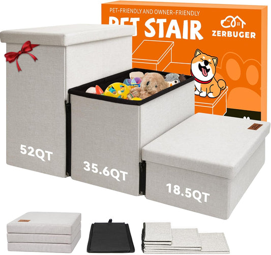Dog Stairs with Storage 18" H, 3-Step Wider Dog Steps for Small/Medium/Large Old Dogs Cats, Folding Sturdy Pet Stairs Climbing Bed or Couch, Ramp for Car Up to 200 lbs (Beige, No Condo) - Pet Explorer
