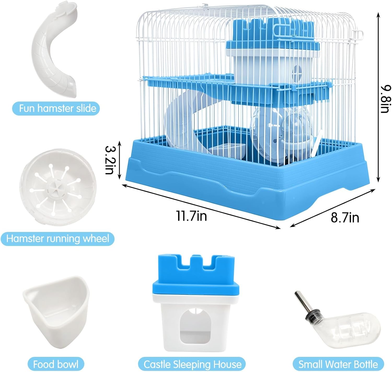 PINVNBY 2-Tier Dwarf Hamster Cage, Travel Portable Mouse Cage Gerbil Cages and Habitats Small Animal Carrier with Castle House Running Exercise Wheels, Water Bottle and Food Dish(Gray) - Pet Explorer