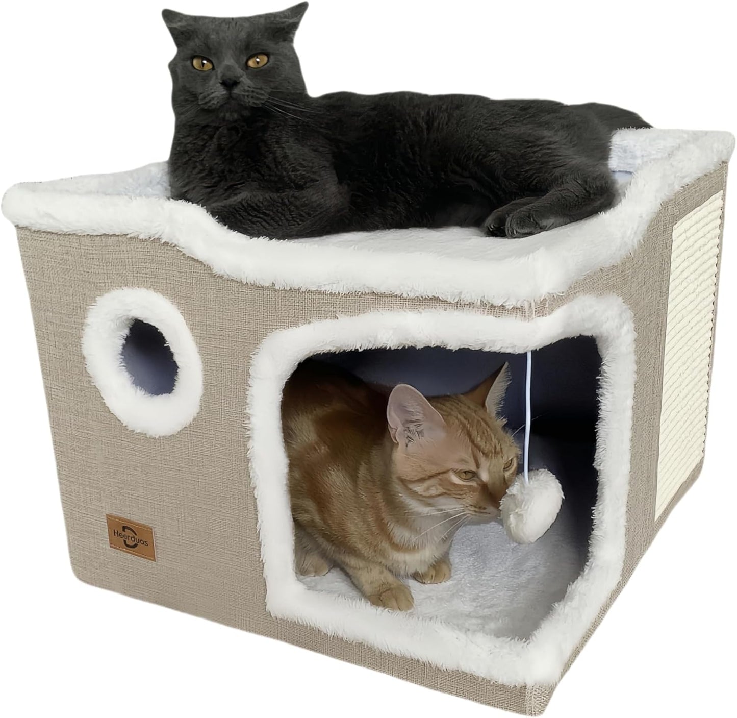 Cat Bed for Indoor Cats,Covered Cat Cave House & Furniture with Scratch Pad,Foldable Cat Hideaway Hut Cute Cat Condo with Soft Washable Mat for Multi Small Pet Under 30 lbs,Khaki - Pet Explorer