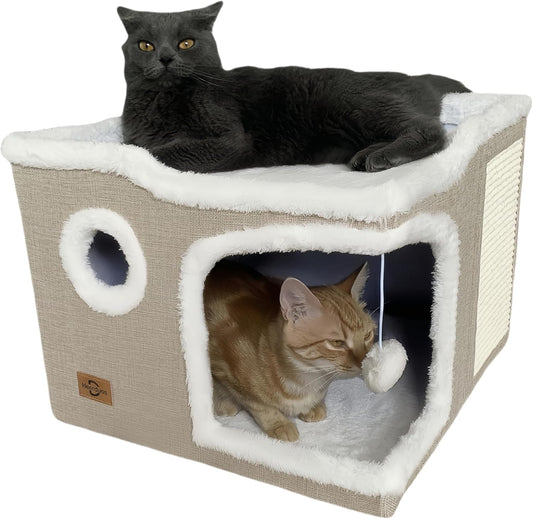 Cat Bed for Indoor Cats,Covered Cat Cave House & Furniture with Scratch Pad,Foldable Cat Hideaway Hut Cute Cat Condo with Soft Washable Mat for Multi Small Pet Under 30 lbs,Khaki - Pet Explorer
