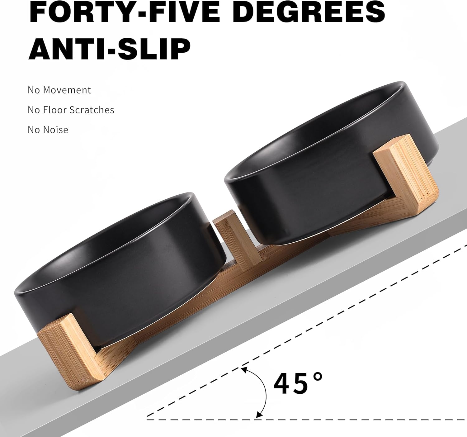 Black Ceramic Dog & Cat Bowl Set – 13.5 OZ with Wooden Stand, Non-Slip, Elevated Design for Small Dogs & Cats – 2 Bowls (Food & Water, Ceramic Pet Bowls, Modern Dog Bowls) - Pet Explorer