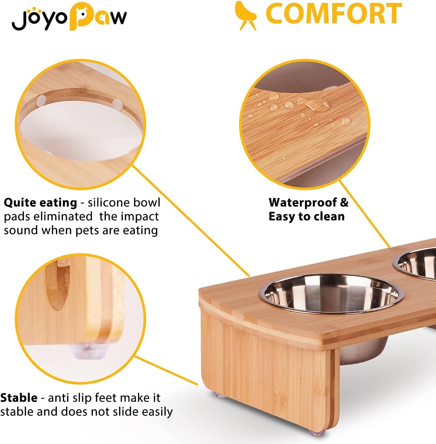 Elevated Dog Bowls, Bamboo Raised Dog Bowl for Small Dogs & Cats, with 2 Stainless Steel Bowls (4'' Tall-20oz Bowl, Natural) - Pet Explorer