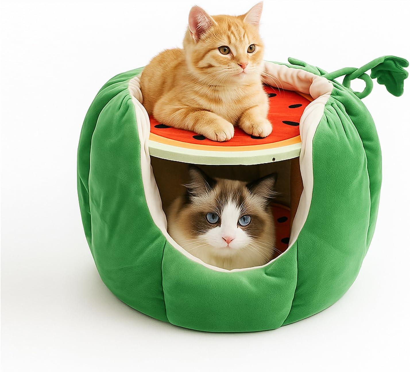 Cat Houses for Indoor Cats, Small Cat Tree with Sisal Ropes and Plush Perch, Cute Cat Bed Cave with Soft Pillow, Watermelon Design - Pet Explorer