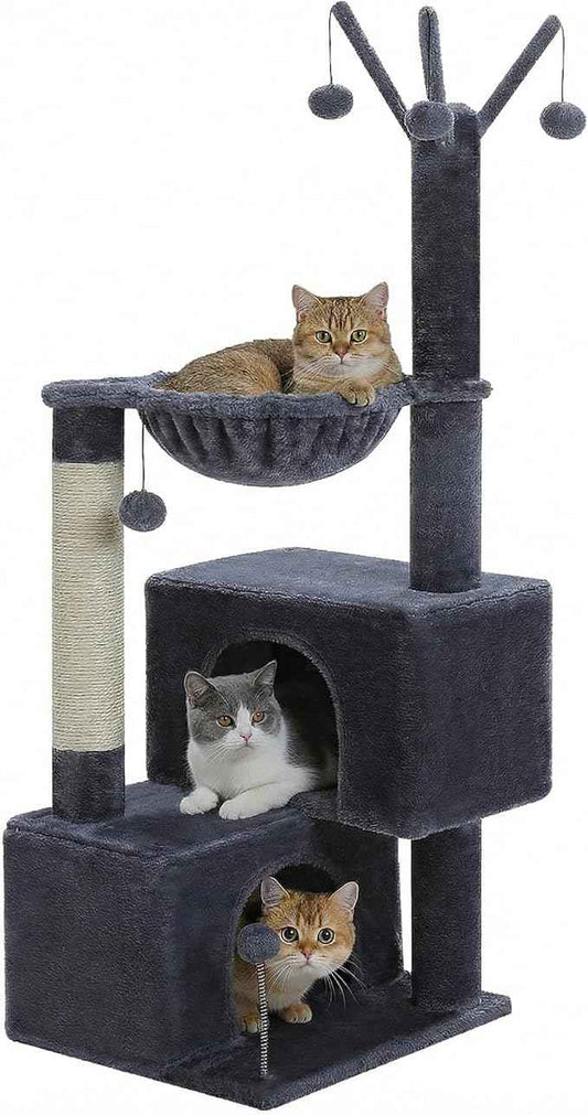 Cat Tree 45" for Indoor Cats, Compact Cat Tower with 2 Condos, Hammock Bed & 5 Hanging Ball Toys, Space-Saving Sturdy Cat Condo Furniture for Kittens & Small-Medium Cats