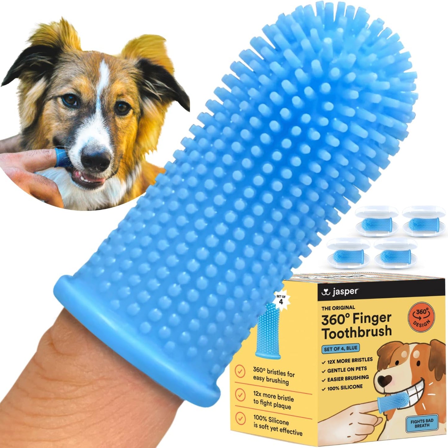 Jasper Dog Toothbrush, 360º Dog Tooth Brushing Kit, Cat Toothbrush, Dog Teeth Cleaning, Dog Finger Toothbrush, Dog Tooth Brush for Small & Large Pets, Dog Toothpaste Not Included, 4-Pack Blue - Pet Explorer