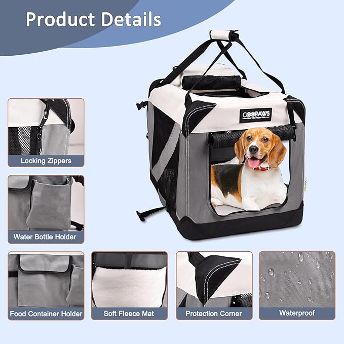 JESPET Soft Dog Crates Kennel for Pets, 3 Door Soft Sided Folding Travel Pet Carrier with Straps and Fleece Mat for Dogs, Cats(7-Light Grey, Small(24" L x 16.5" W x 16.5" H))