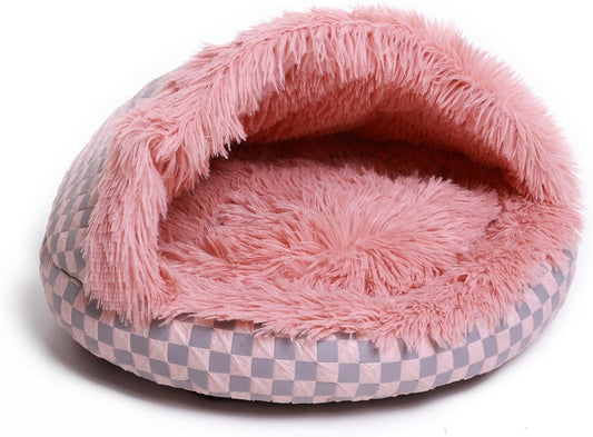 Cat Bed Hooded Plush Nest with Self-Warming Cozy Cave, Calming Anti-Anxiety Pet Bed for Indoor Cats & Small Dogs, Removable Washable Cover & Waterproof Bottom - Pink - Pet Explorer