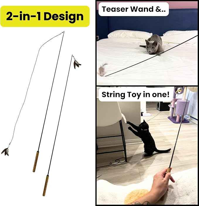 Forever Stick and 3 Strings including Chew Proof Metal Wire - The Unbreakable Cat Wand Toy, Durable Cat Toy Wand, Extra Long Cat String Toy, Cat Fishing Pole Toy for Bored Indoor Adult Cats, Stick Toy