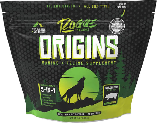 Origins 5-in-1 Dog Supplement - Powdered Food Topper w/Natural Heirloom Pork Protein- Supports Healthy Digestion, Skin, and Coat - Helps Reduce Itching & Joint Inflammation (2 lbs) - Pet Explorer