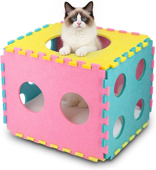 Cat Houses for Indoor Cats, Cute Cat Bed Cave with Soft Pillow, Cat Cube for Multiple Large Cats, Fun Dice Shaped, 17 Inches - Pet Explorer