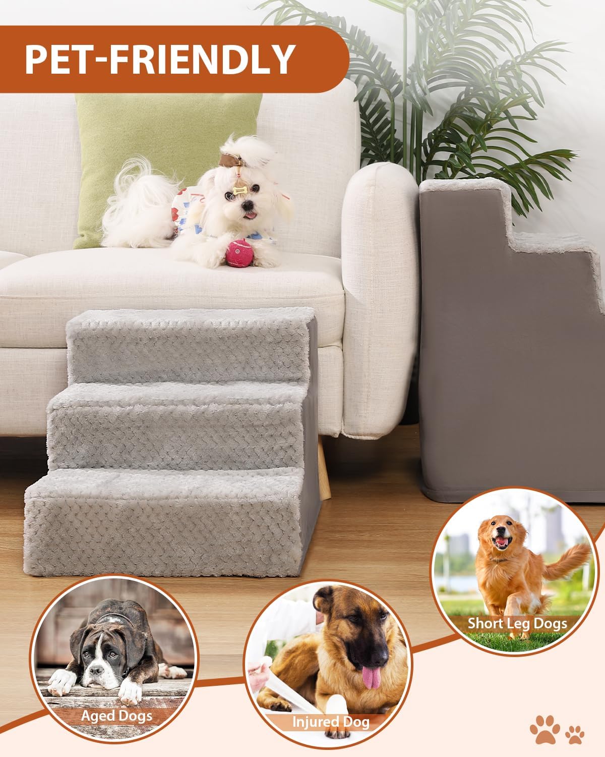 Dog Stairs for Small Dogs,17.5" H,4-Step Dog Steps for High Bed Couch and Sofa,Pet Stairs for Dogs and Cats Climbing with Non-Slip Bottom and Washable Cover,Light Grey - Pet Explorer