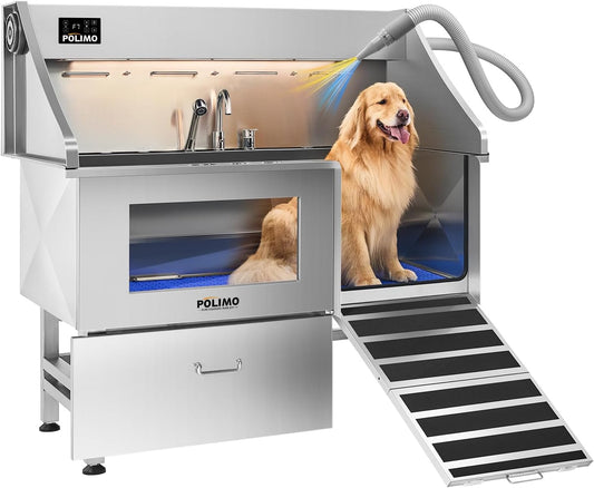 polimo Dog Wash Station with Pet Dryer & LED, Professional Dog Bathing Station for Large, Medium & Small Dogs – with Window, Ramp, Drawer, Floor Grate, LED Display & Faucet (Right RAMP & Dryer, 61") - Pet Explorer
