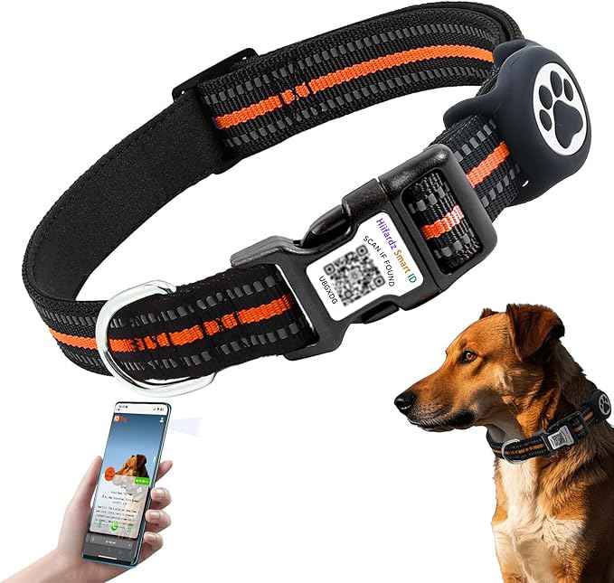 Airtag Dog Collar with QR Code Tag - Reflective Adjustable Nylon Collar, Quick Release Buckle for Small Medium Large Dogs, Comfortable Padded Lining (Orange, M)