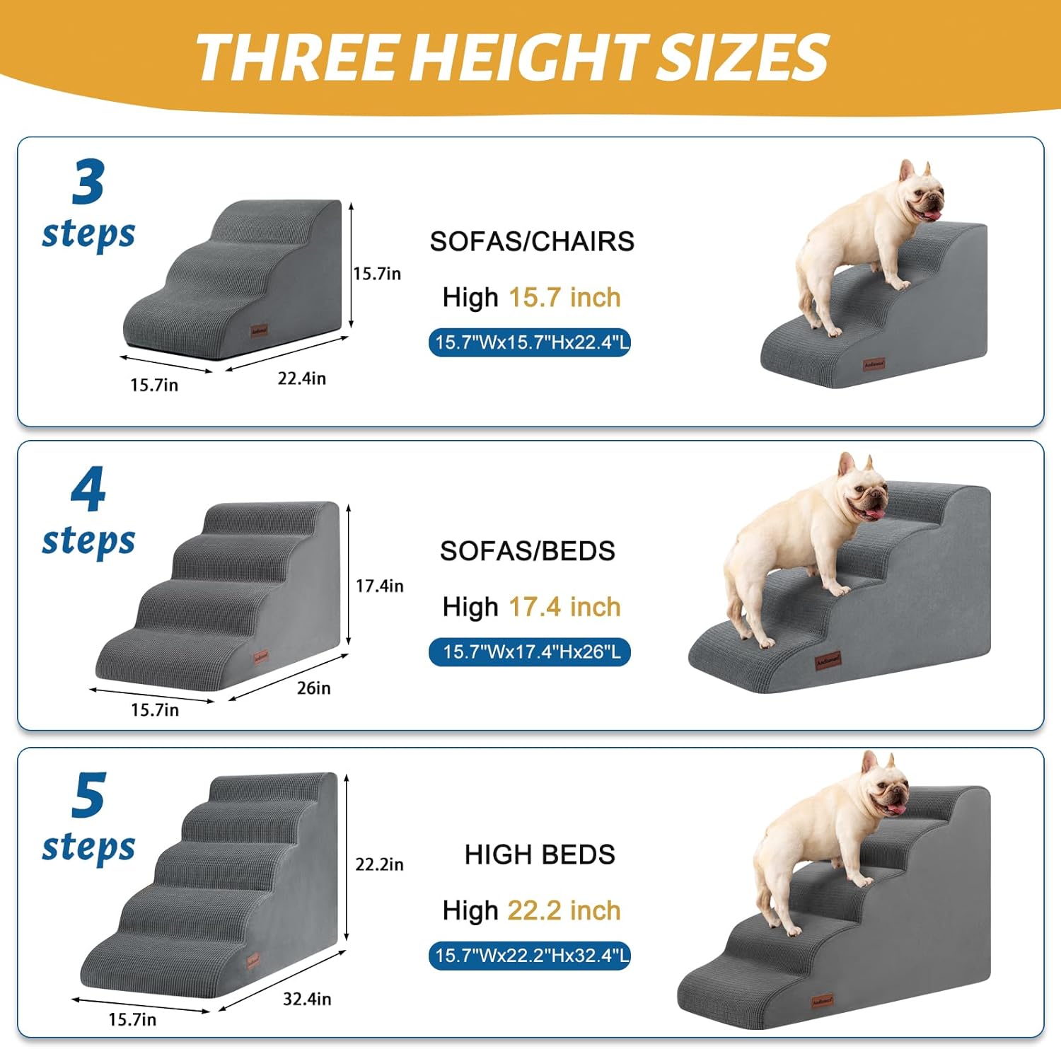 5-Step Dog Stairs and Ramp for High Bed, Non-Slip Sturdy Pet Steps for Small Dogs and Cats,22.2" H,Grey - Pet Explorer