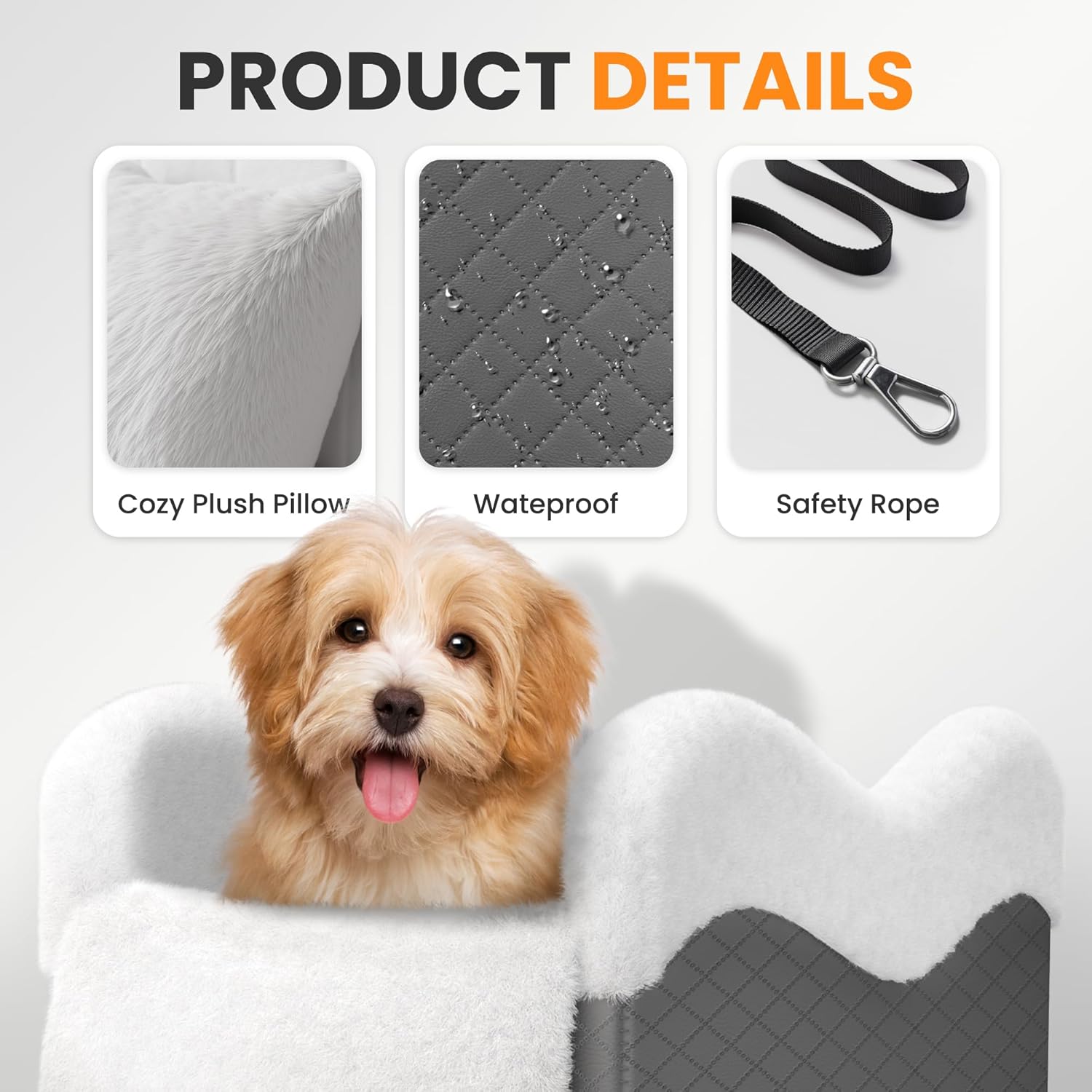 Portable Small Dog Seat for Car,Luxury Center Console Dog Car Seat Booster with Safety Tethers,Auti-Collapse Pet Travel Carrier for SUV,Truck.(Dark Grey/White) - Pet Explorer