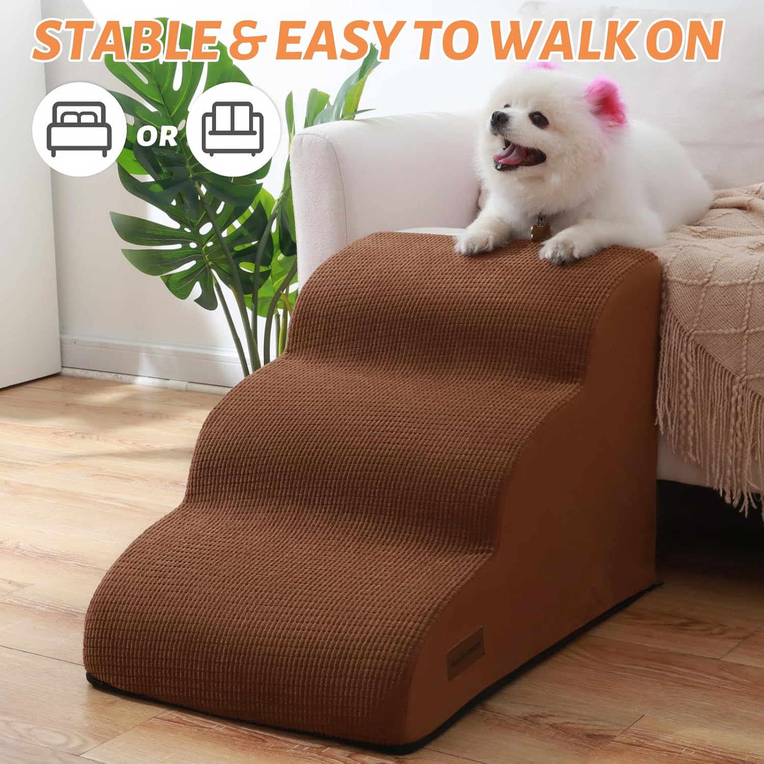 3-Step Dog Ramp and Stairs for Sofa and Chair - Non-Slip Sturdy Pet Steps for Small Dogs and Cats,15.7" H,Brown - Pet Explorer