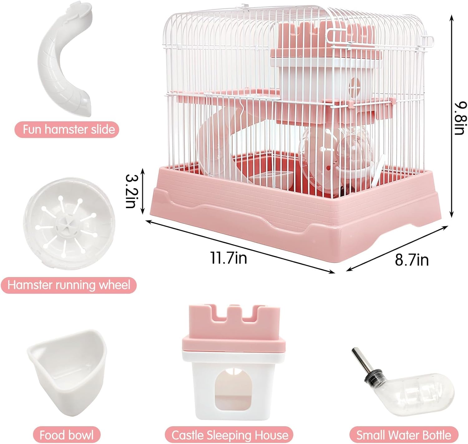 PINVNBY 2-Tier Dwarf Hamster Cage, Travel Portable Mouse Cage Gerbil Cages and Habitats Small Animal Carrier with Castle House Running Exercise Wheels, Water Bottle and Food Dis - Pet Explorer