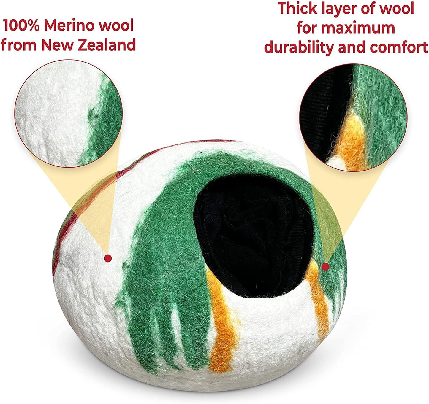 Woolygon Premium Felt Cat Cave Bed – Wool Kitty Beds Handcrafted Kitten Caves Bed for Indoor Cats - Made from 100% Eco-Friendly Merino Wool, Foldable Cat Hidewawy Covered Cat House Pod (Candy Swirl) - Pet Explorer
