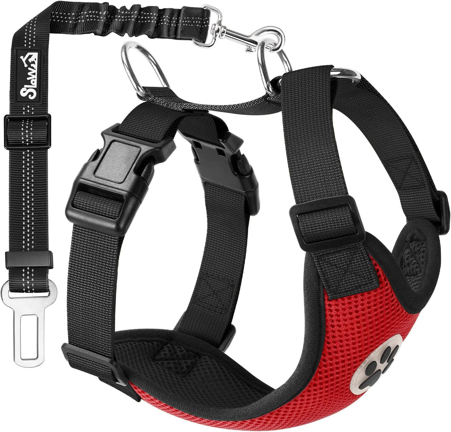 SlowTon Dog Seat Belt Harness for Car, Dog Car Harness Adjustable Mesh Breathable & Dog Seatbelt Safety Tether with Elastic Bungee for Small Medium Large Pets(Red, Single Clip, XXXS) - Pet Explorer
