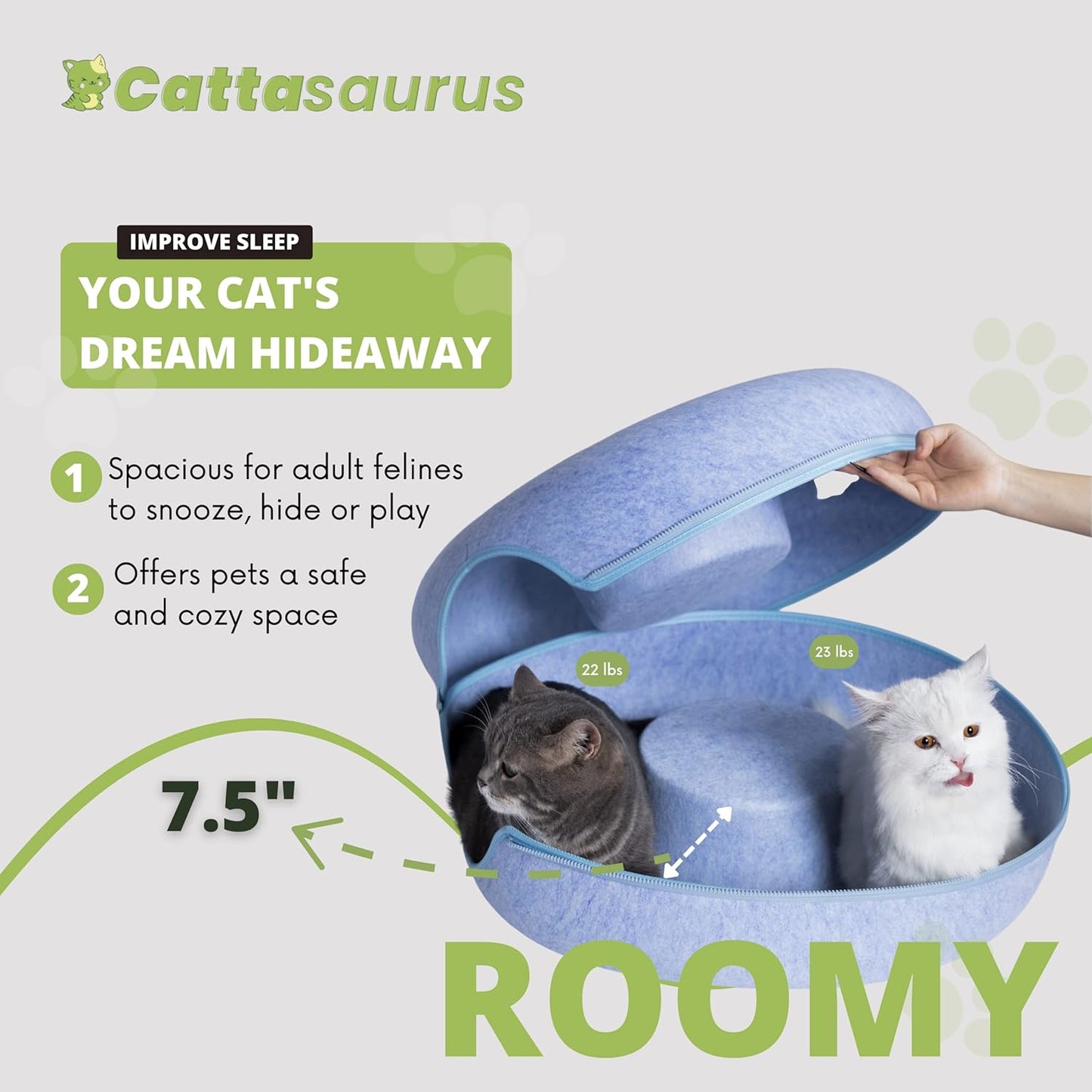 CATTASAURUS Peekaboo Cat Cave for Multiple & Large Cats Up to 30-45 Lbs, Scratch Detachable & Washable Tunnel Bed, Comfy Donut Cat Cave (Blue, Large) - Pet Explorer