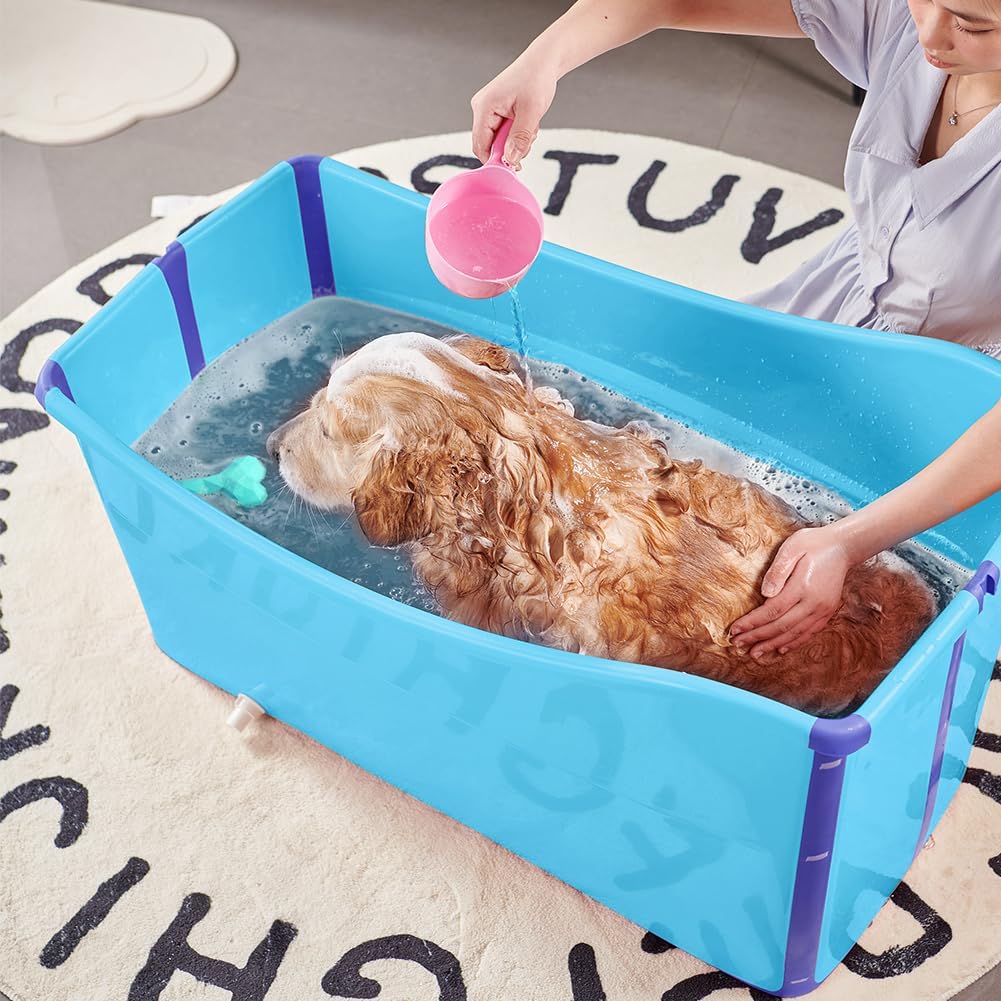 Portable Dog Bathtub for Large Dogs - 48.4Gal Foldable Pet Wash Station with Drain Plug, Insulated & Non-Slip Design for Indoor/Outdoor Bathing, Grooming, Camping（Blue） - Pet Explorer