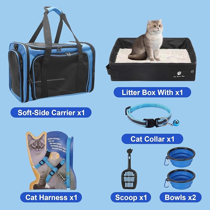 Cat Carrier Soft-Sided & Foldable Travel Litter Box for Cats, Fit 20Lbs Pets, 17.7' * 11.8 * 11.8 inches Cat Bag for Traveling & Camping, Indoor & Outdoor, Pet Carrier Kit, Blue