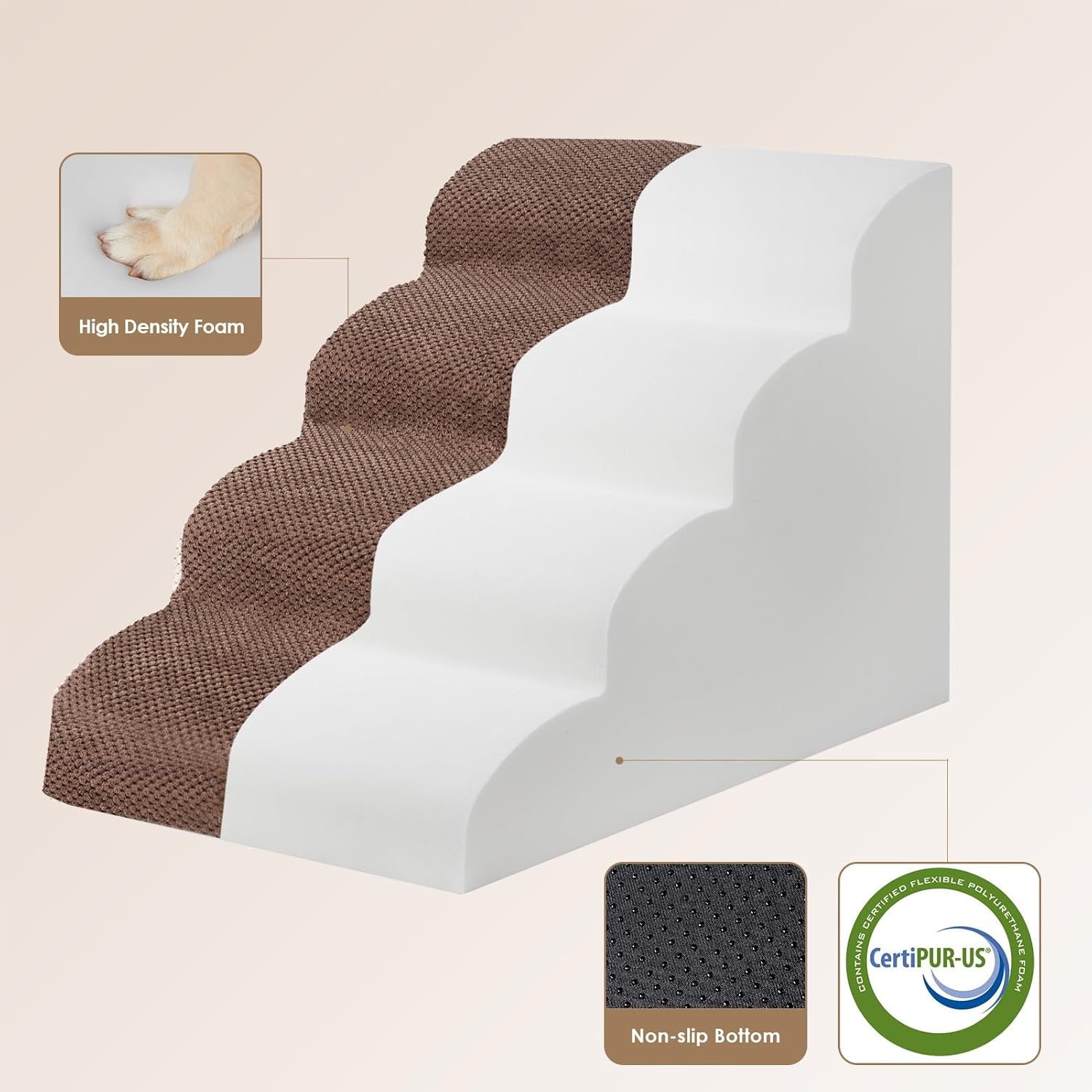 EHEYCIGA Curved Dog Stairs Ramp for High Beds 19.7" H, 4-Step Dog Steps for Small Dogs and Cats, Pet Stairs for High Bed Climbing, Non-Slip Balanced Pet Step Indoor, Brown - Pet Explorer